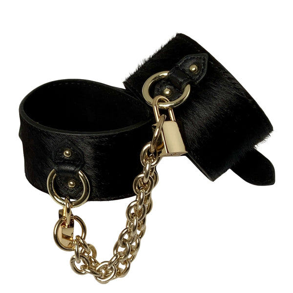 Pony Leather Cuffs with Padlocks Black