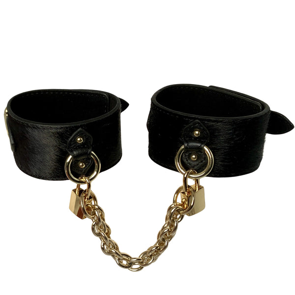 Pony Leather Cuffs with Padlocks Black